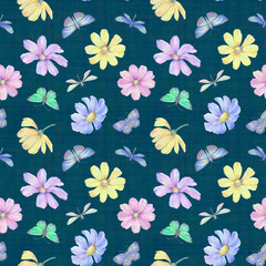 Seamless botanical abstract pattern. A background of flowers and butterflies for design, packaging, printing, wallpaper and scrabbooking.