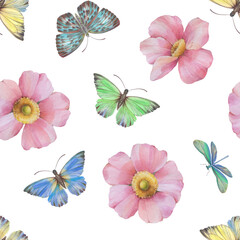 Seamless ornament for wrapping paper, design, print. Delicate flowers and butterflies are painted with watercolors, digitally processed. Botanical pattern on a white background.