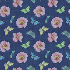 Delicate flowers and butterflies are painted with watercolors, digitally processed. Seamless ornament for wallpaper, print, wrapping paper, design, print. Botanical pattern on abstract background 