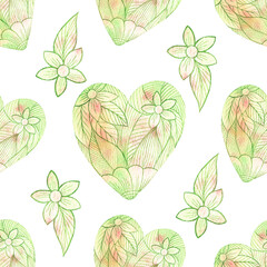 Seamless watercolor pattern on a white background. Green leaves in the shape of a heart. Delicate shades of green and pink. Gradient. Valentine's Day Flower Packaging