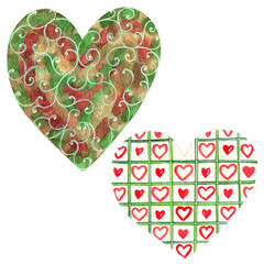 Set of watercolor elements. Fantasy pattern in the shape of a heart - monograms and swirls. Valentine's Day. Symbol of love. Packaging, corporate identity