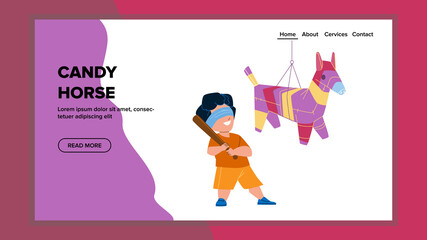 Candy Horse Pinata Hitting Boy Kid With Bat Vector. Blindfolded Schoolboy Hit Candy Horse On Mexican Traditional Event. Happy Character Infant On Celebration Party Web Flat Cartoon Illustration