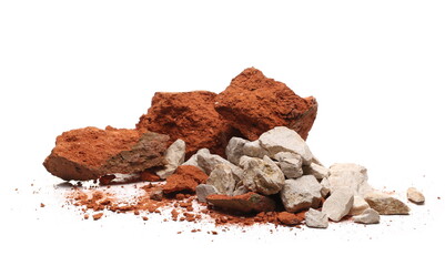 Pile shattered red bricks pieces and stone isolated on white  