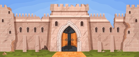 Cartoon broken medieval castle or city wall ruins after war. Abandoned stone block fortress with towers. Ruined kingdom walls vector scene © Tartila
