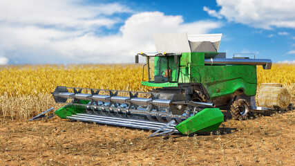 Fototapeta premium Harvesting combine among the wheat field and under a blue sky, harvesting in process, 3d illustration