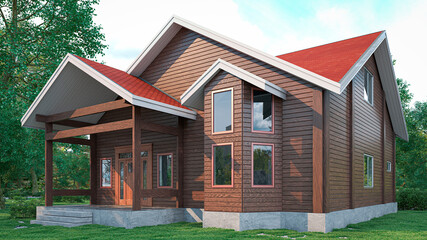 Fototapeta na wymiar Exterior of wooden house with asphalt shingle roof. 3d illustration