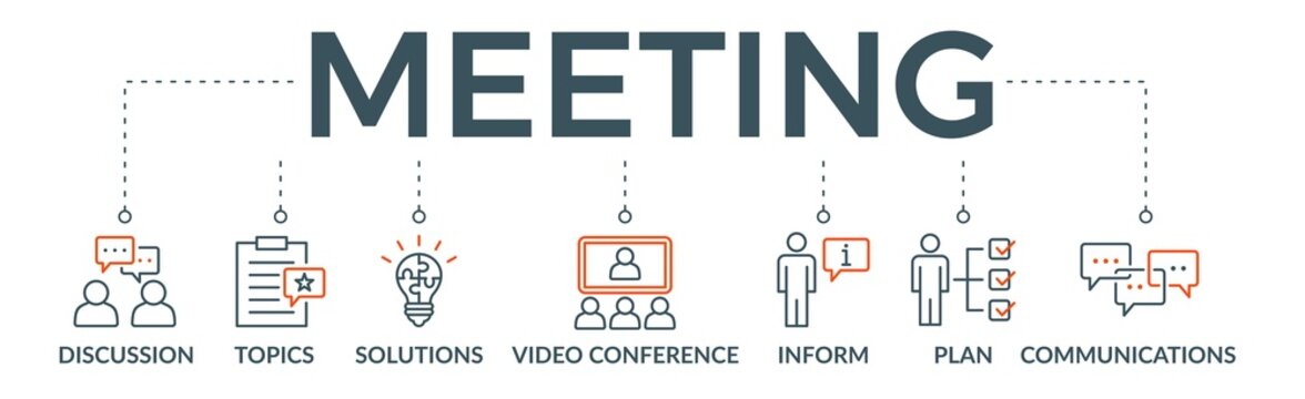 Meeting banner web icon vector illustration for business meeting and discussion with communications, topics, solutions, plan, inform and video conference icon