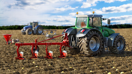 Tractor with a plow among the field and under a blue sky, another tractor on background, potato seeding in process, 3d illustration