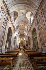 Obraz premium The Cathedral of Santa Maria Assunta (Sutri) . Central nave with Frescoes on the vaulted ceiling chapel, altar and apse. 