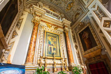 Obraz premium The Cathedral of Santa Maria Assunta (Sutri) . Central nave with Frescoes on the vaulted ceiling chapel, altar and apse. 