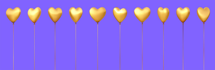 Set of golden 3d realistic balloons in heart shape. Different sides.