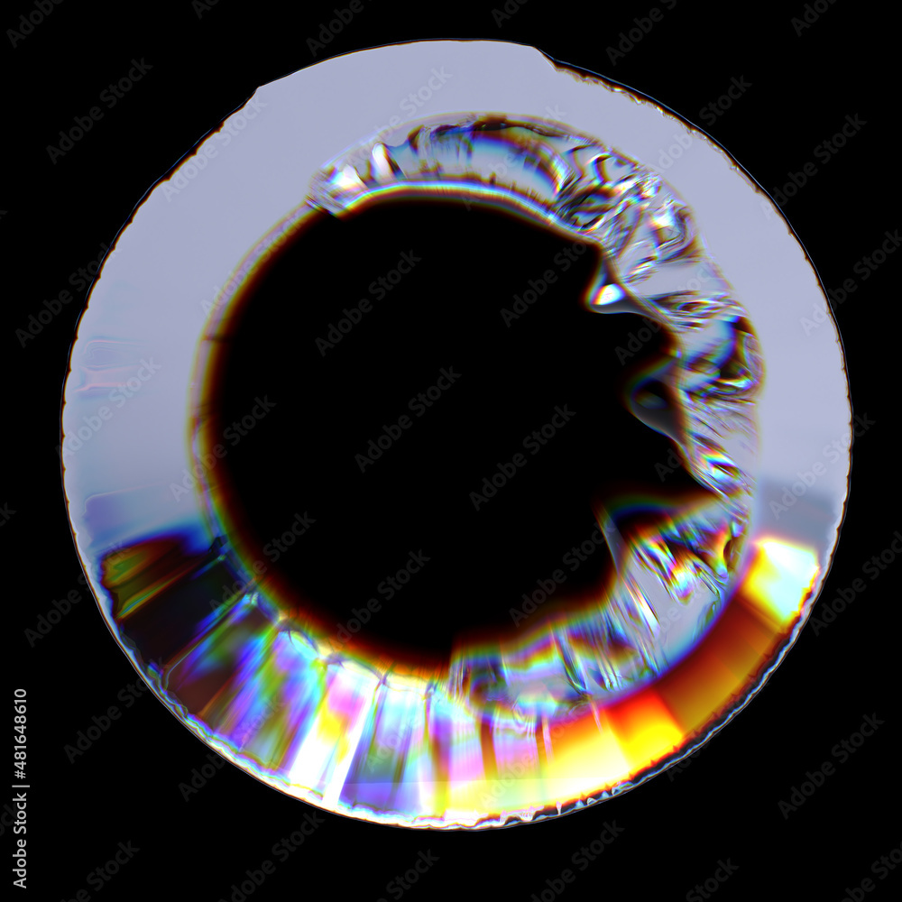 Fototapete iris abstract holographic texture isolated on black, 3d rendering glass chromatic circle shape desig