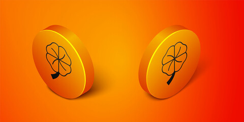 Isometric Four leaf clover icon isolated on orange background. Happy Saint Patricks day. National Irish holiday. Orange circle button. Vector