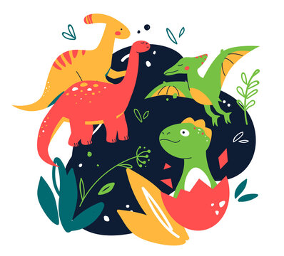 Funny dinosaurs - flat design style colored illustration