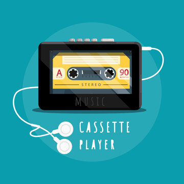 Retro Portable Cassette Player With Earphones - Vector