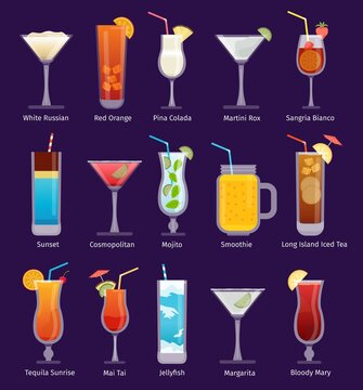 Flat cocktail drinks in glasses, martini, mojito, cosmopolitan and smoothie. Alcoholic tropical beverage for bar menu. Cocktails vector set