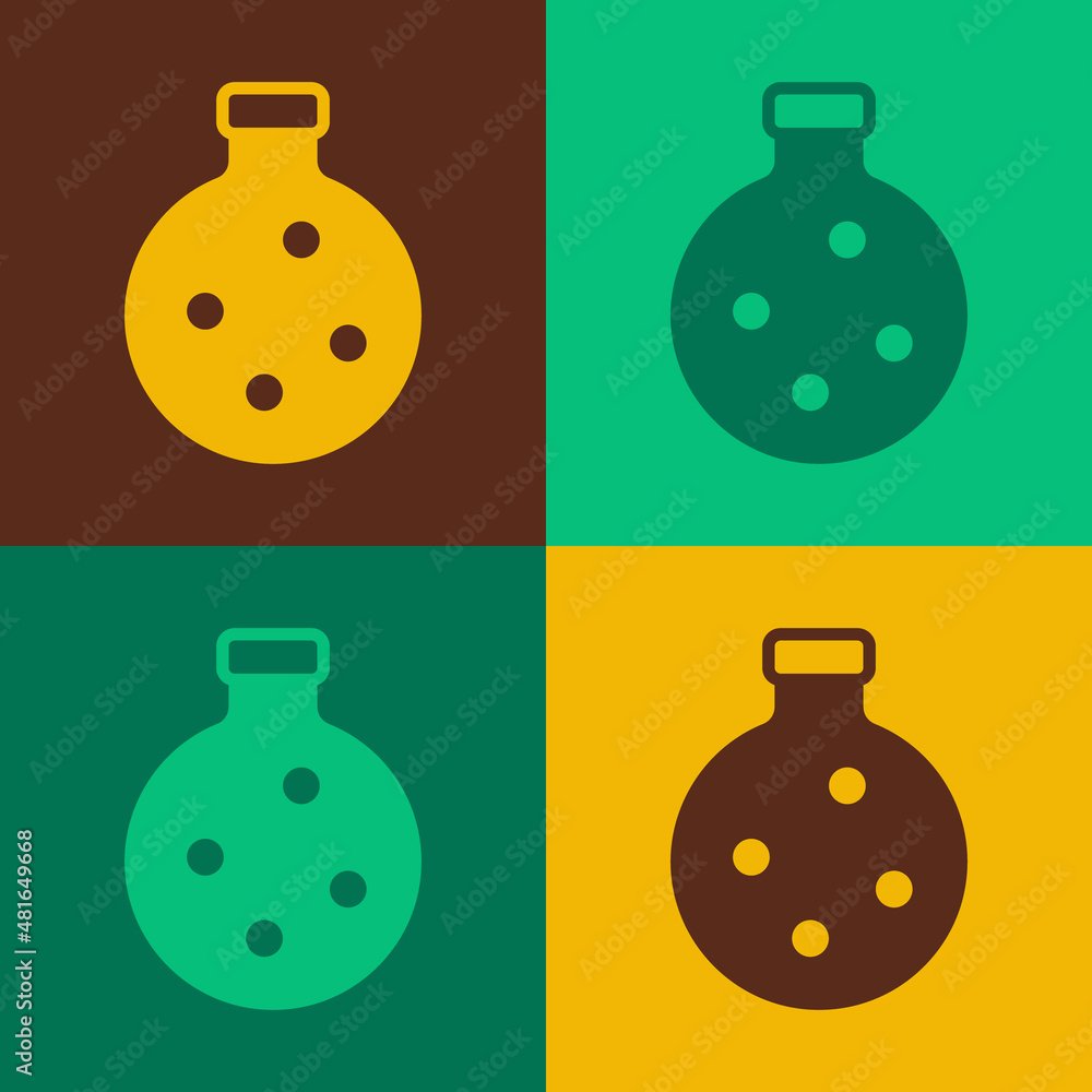 Poster pop art bottle with potion icon isolated on color background. flask with magic potion. happy hallowe