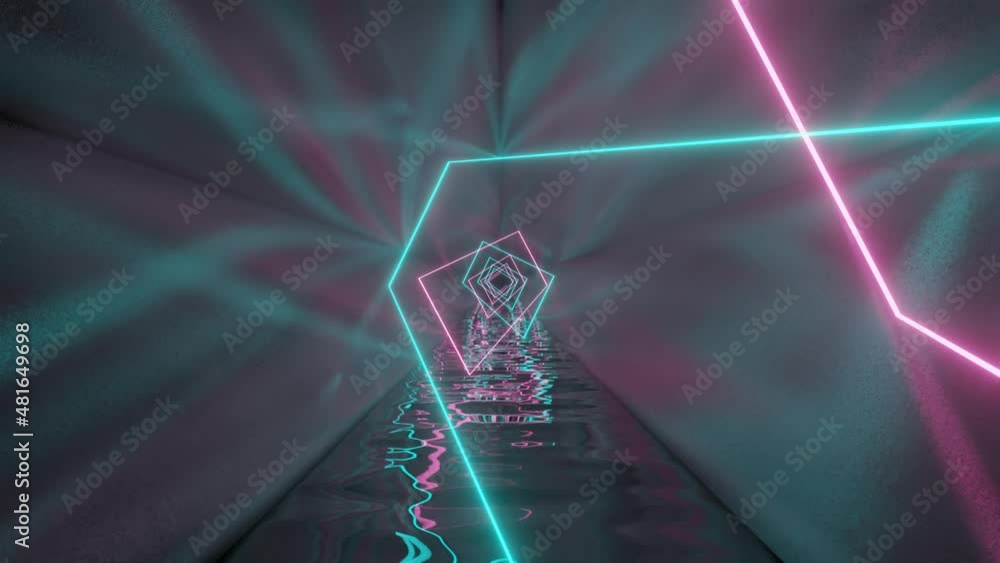 Poster 3d rendered neon lights inside a metal tunnel. seamless loop motion graphic with a minimal animation