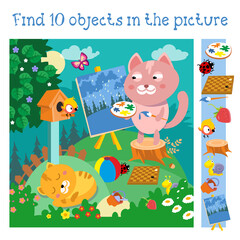 Kitten artist draws landscape. Character in cartoon style on summer background. Find 10 objects. Game for children. Vector full color illustration.