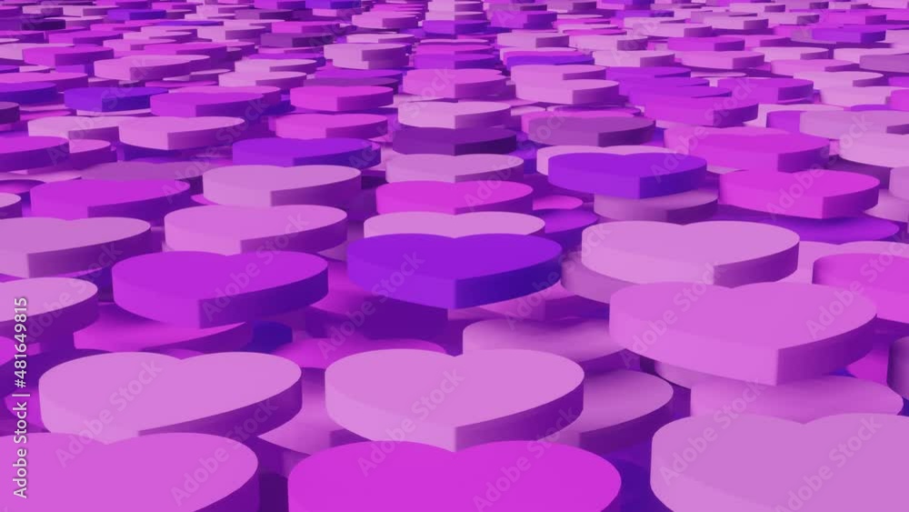 Poster 3d render seamless loop animated background with pink and violet heart shapes. valentines day romant