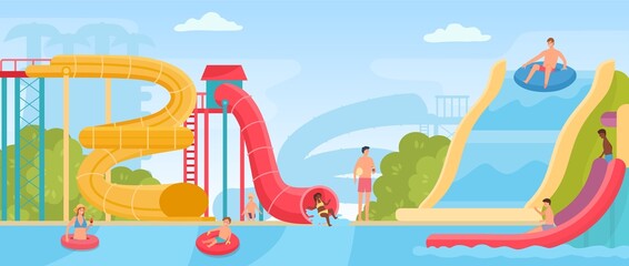 Flat summer aquapark landscape with parents and kids on water slides. Amusement swimming park with pool, spiral pipe and tube vector poster