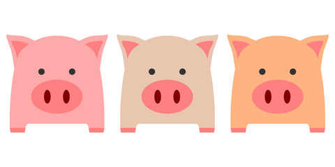 Three pink brown and orange fat cute pig or piglet on white background cartoon character flat vector design.