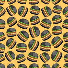 Black burger will surprise you with color and taste, vector seamless pattern illustration on colored background