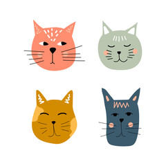 Cute cats collection, doodle set, vector icons, hand drawn illustrations