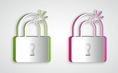 Paper cut Broken or cracked lock icon isolated on grey background. Unlock sign. Paper art style. Vector