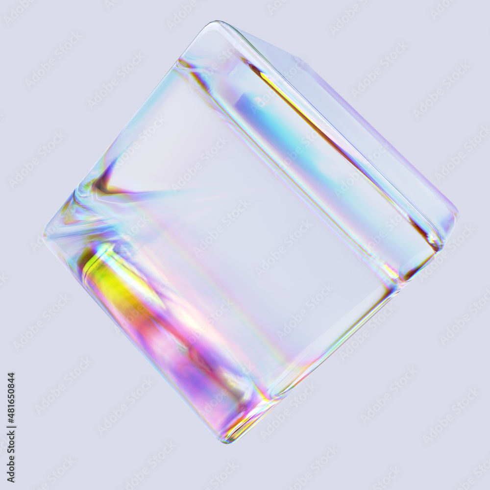 Poster 3d rendering poster design element, abstract colorful gradient shape, glass cube with multicolored r