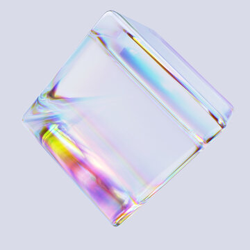 3d rendering poster design element, abstract colorful gradient shape, glass cube with multicolored refraction effect,