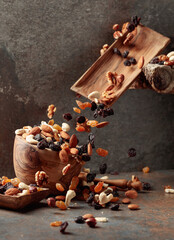 Falling dish with nuts and raisins.