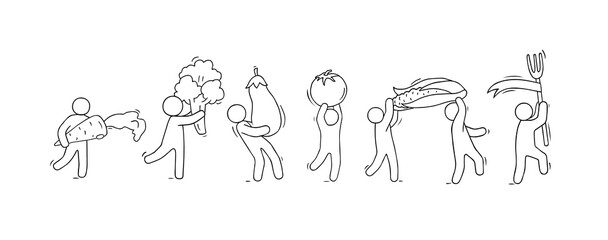 Happy people walking with fresh fruits.