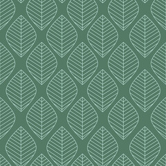 Green vector seamless pattern with leaves. Background with leaves in Artdeco style.  - obrazy, fototapety, plakaty