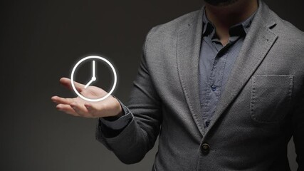 time management. a business person shows a clock. productivity concept