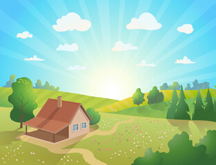 Fototapeta premium Sunrise rural landscape with sun, clouds,hills, trees, paths, little house. Vector illustration