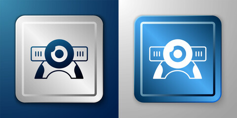 White Web camera icon isolated on blue and grey background. Chat camera. Webcam icon. Silver and blue square button. Vector