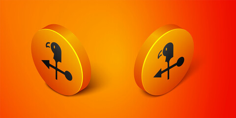 Isometric Rooster weather vane icon isolated on orange background. Weathercock sign. Windvane rooster. Orange circle button. Vector