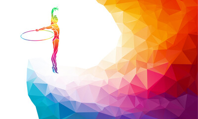 Silhouette of gymnastic girl with hoop on rainbow back