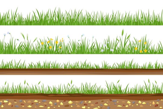 Grass with underground soil layer and rocks seamless borders. Meadow field with flowers and ears. Ground dirt, land cross section vector set