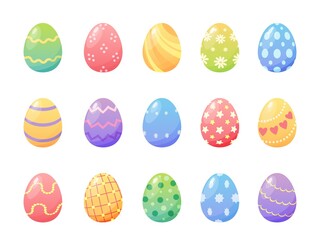 Cartoon colorful easter painted eggs with patterns and textures. Spring holiday decorative elements. Happy Easter day egg hunt vector set