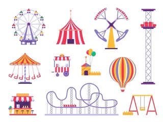 Foto op Plexiglas Flat amusement park roller coaster, circus tent and hot air balloon. Festival carnival ferris wheel, food kiosk and attractions vector set © Tartila
