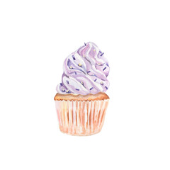 Watercolor pastry. Watercolor cupcake. Watercolor food illustration confectionery. Very peri cake with cream. Love purple. Colorful festive food. Design for logo, bakery, cards, banners, menu, recipe