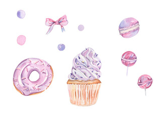 Watercolor pastry . Watercolor food set. Sweet desserts, cupcakes, lollipop, donut, macaroons. Purple cupcake. Very peri watercolor illustration. Design for logo, menu, bakery, recipe, scrapbooking