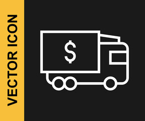 White line Armored truck icon isolated on black background. Vector