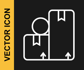 White line Carton cardboard box icon isolated on black background. Box, package, parcel sign. Delivery and packaging. Vector