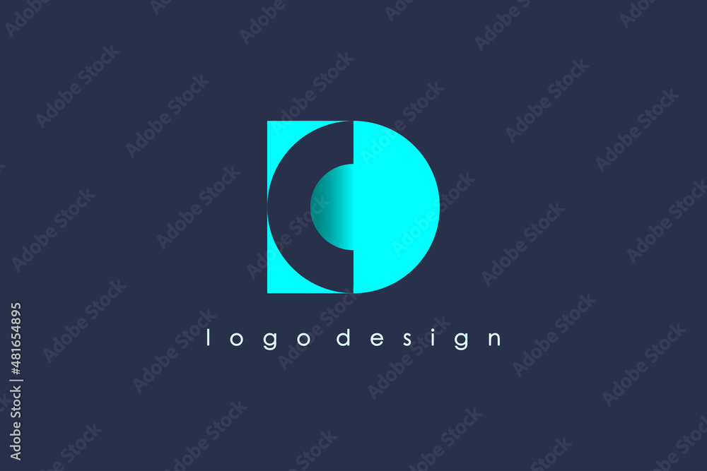 Poster initial letter d and c logo. blue shape d letter with negative space c letter inside isolated on dar