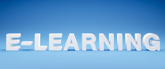3D E-learning isolated on blue background. Online education concepts. lettering typography. Online courses. Educational program. 3D Rendering font character of high detail.