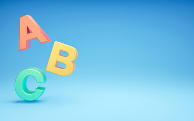 3d abc letters isolated blue background with copy space use for banner. learning english Education Concept, 3D rendering.
