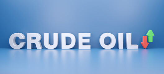 3D Rendering Crude Oil price market and  arrow isolated on blue background, Trading oil barrels in the world market , 3D font character.